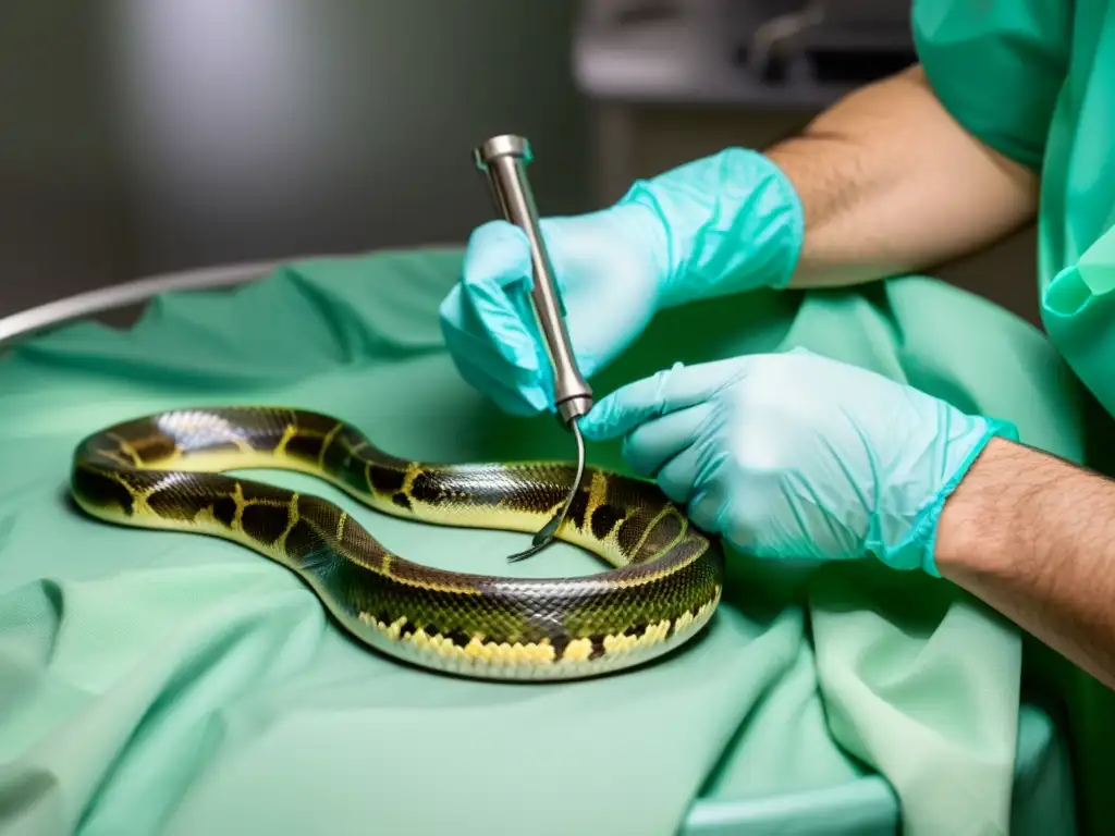 Un veterinario realiza con cuidado un procedimiento quirúrgico en una serpiente, destacando la precisión y cuidado requeridos