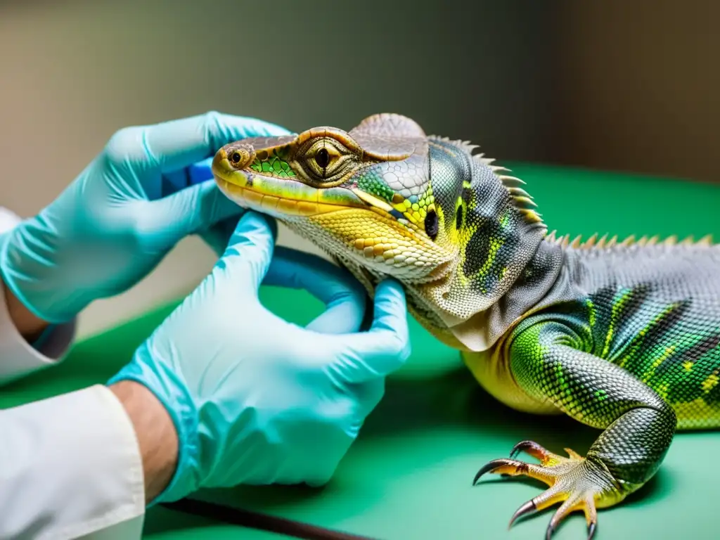 Un veterinario examina con cuidado el prolapso cloacal de un reptil bajo anestesia