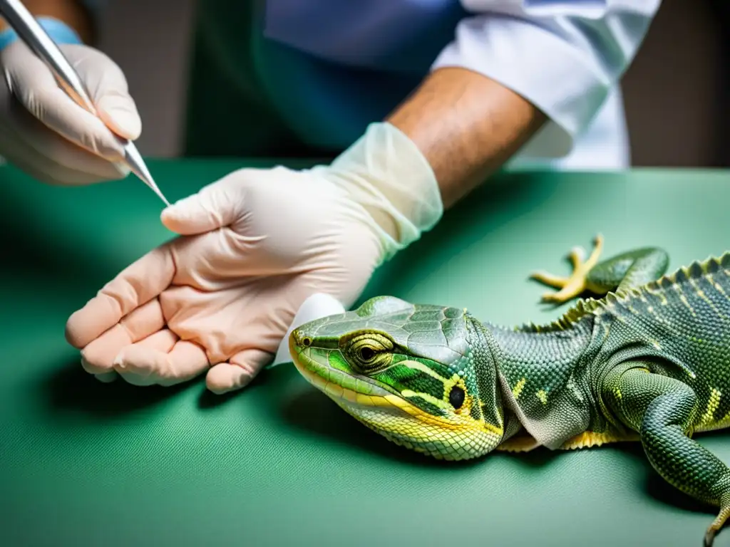 Veterinario aplicando cuidado y rehabilitación postquirúrgica a reptil, con atención meticulosa a las escamas, la incisión y el delicado proceso de vendaje