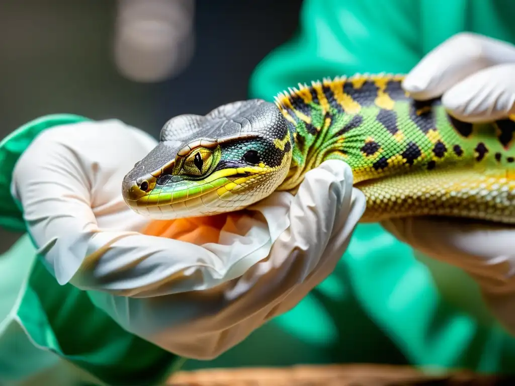 Un veterinario examina con cuidado a un reptil en busca de tumores, transmitiendo profesionalismo y cuidado en la tumorectomía en reptiles