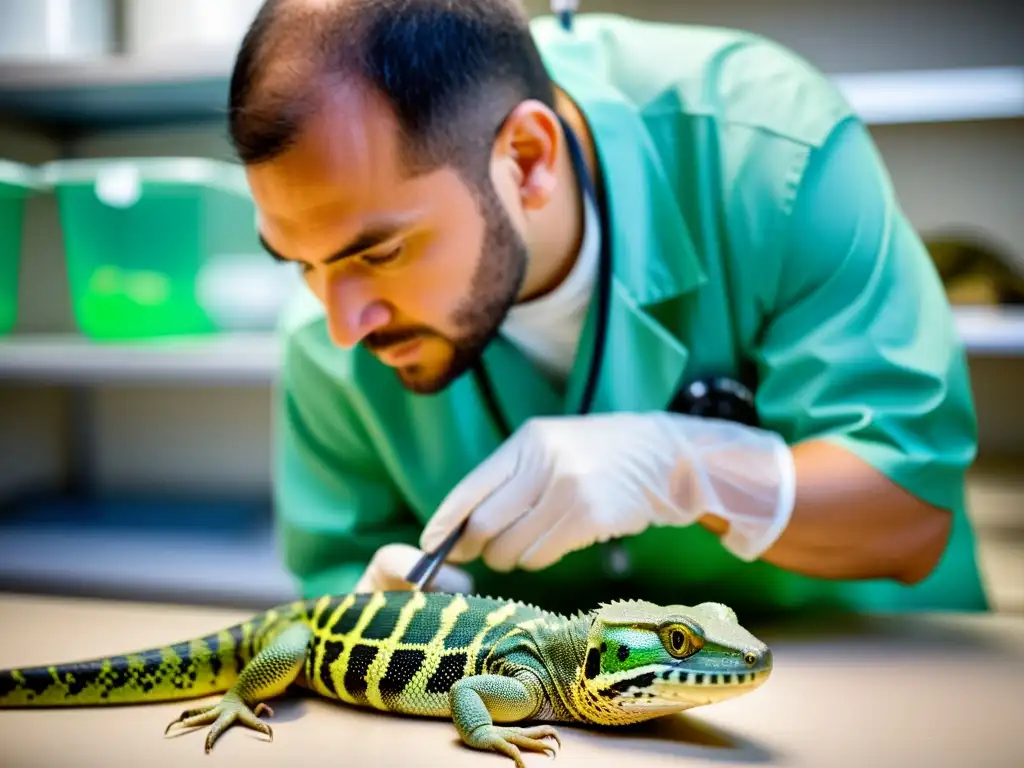 Un veterinario examina con cuidado a un reptil en busca de cáncer