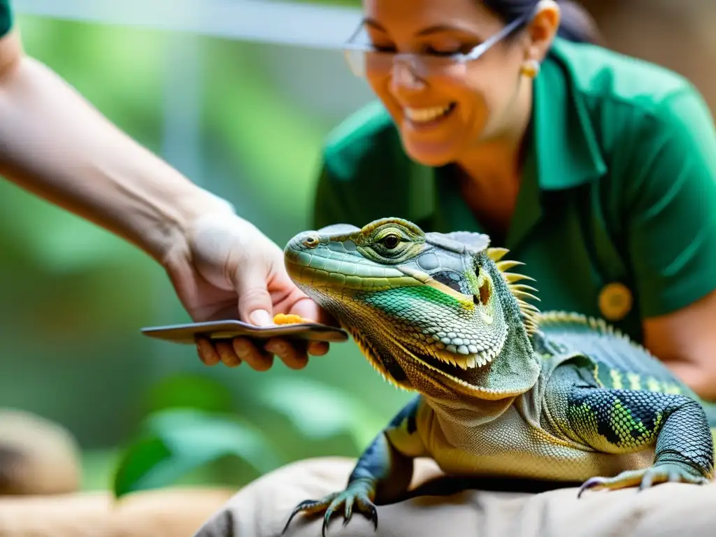 Veterinario alimentando con cuidado a reptil discapacitado en santuario de cuidados especiales para reptiles