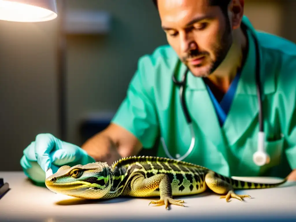 Un veterinario administra con cuidado medicación a un reptil en una mesa de examen, capturando la delicadeza del tratamiento