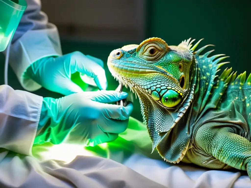 Veterinario realizando con cuidado una resección de tumor en un reptil, bajo luces quirúrgicas