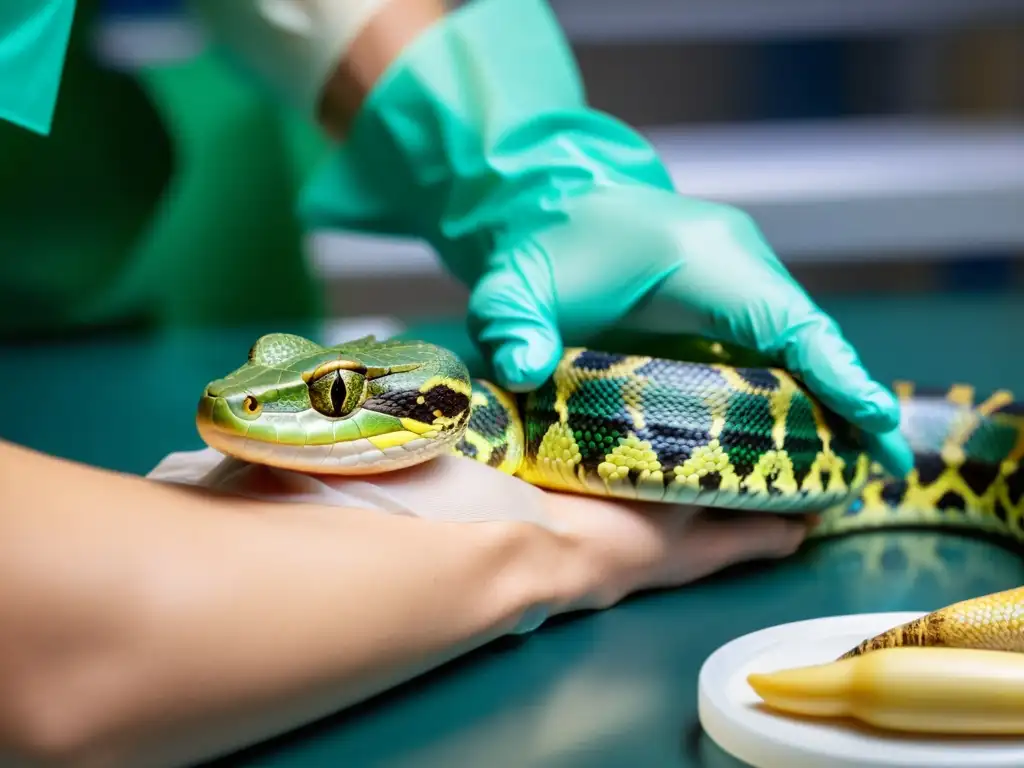 Un veterinario examina con cuidado a una serpiente herida, usando herramientas médicas y guantes protectores