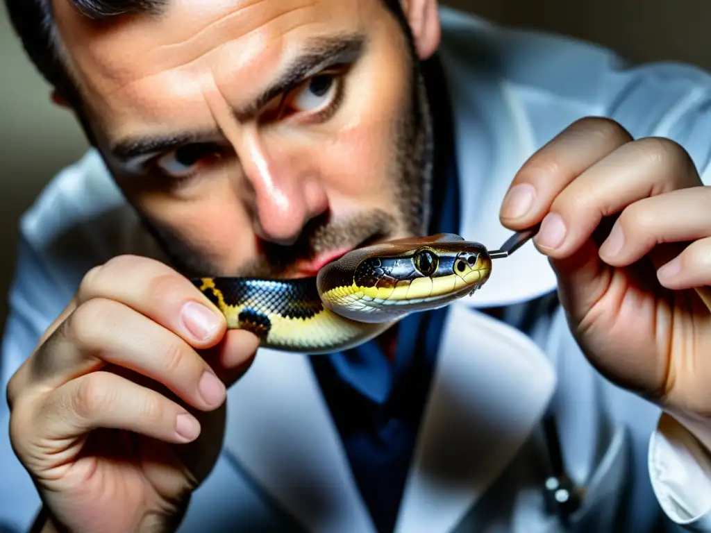 Un veterinario examina con cuidado a una serpiente herida, mostrando la urgencia y precisión de los primeros auxilios para reptiles heridos