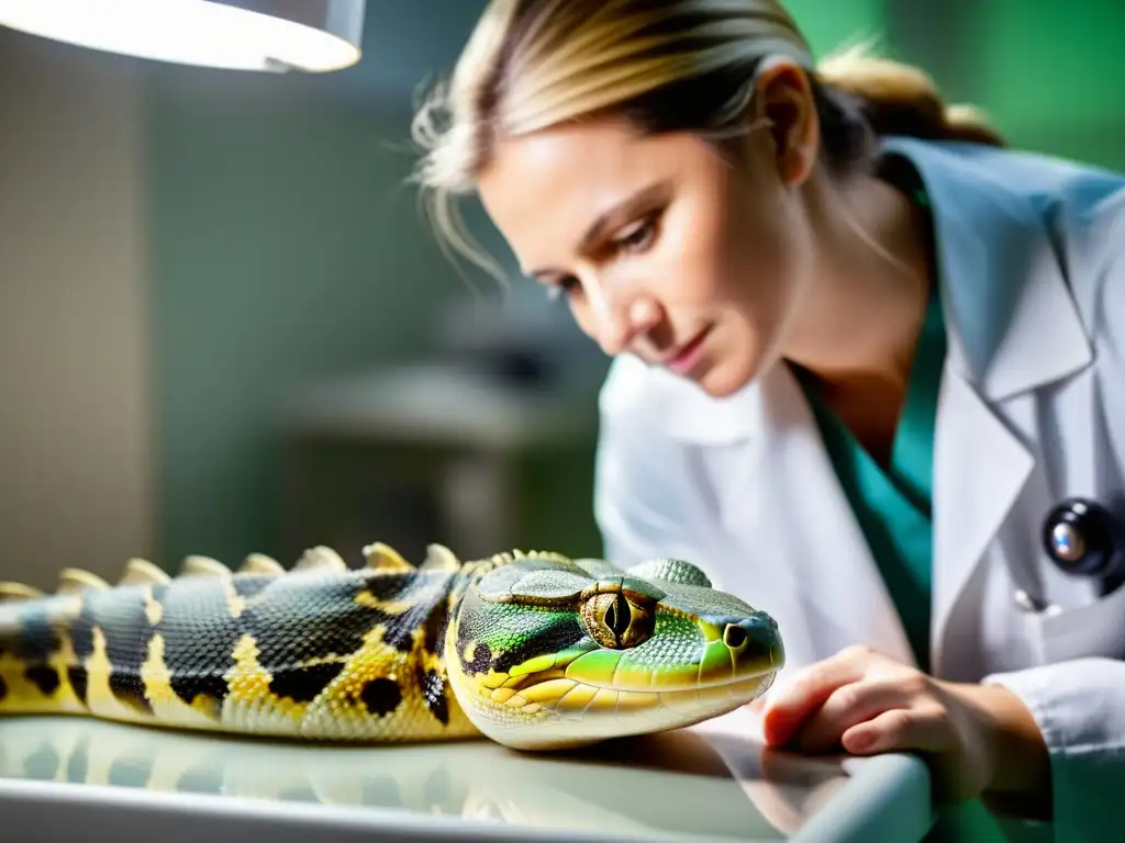 Un veterinario examina con cuidado el sistema digestivo de una serpiente con impactación