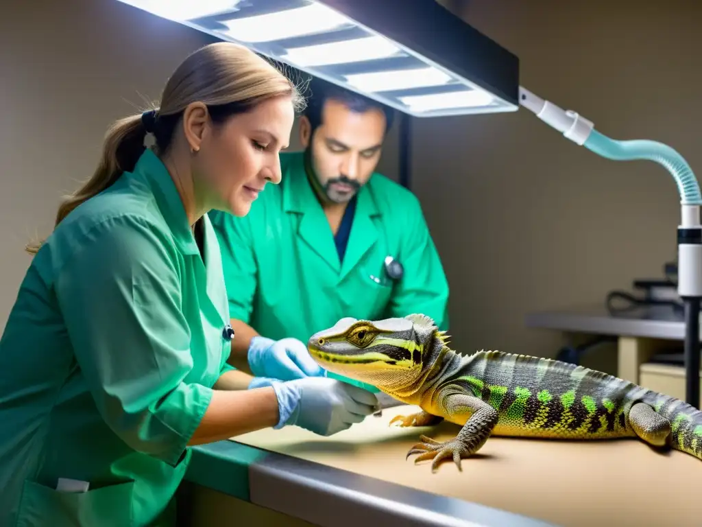 Veterinario examinando con cuidado el sistema digestivo de un reptil con endoscopio