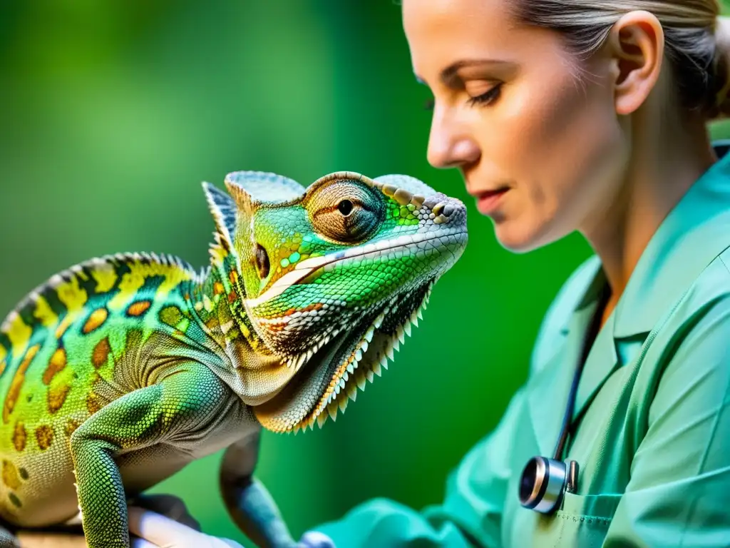 Un veterinario examina con cuidado el sistema respiratorio de un camaleón en una clínica