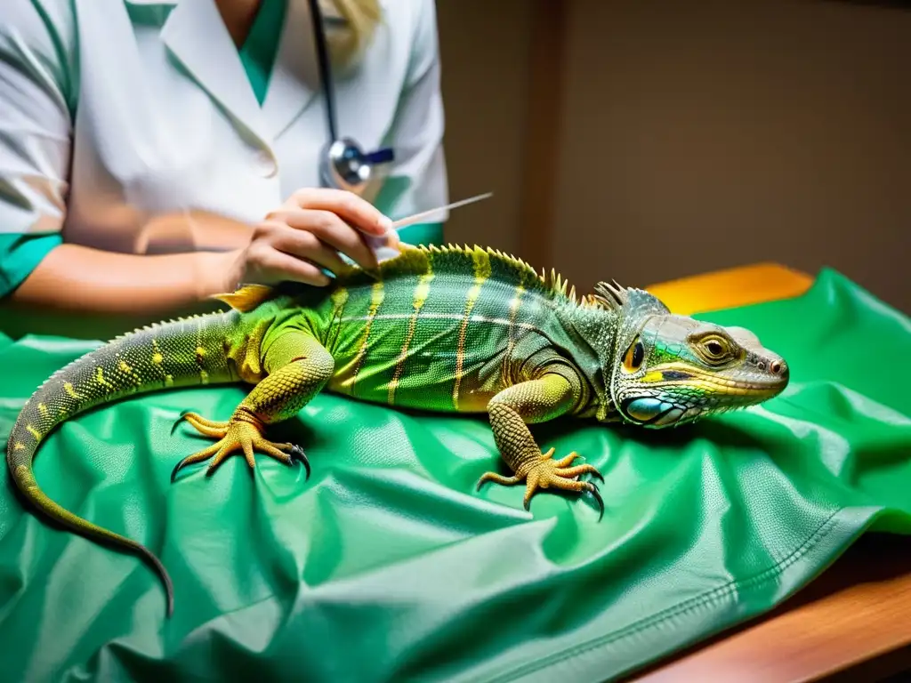 Un veterinario examina con cuidado las suturas en el vientre de un reptil, resaltando los detalles de las escamas y utensilios médicos