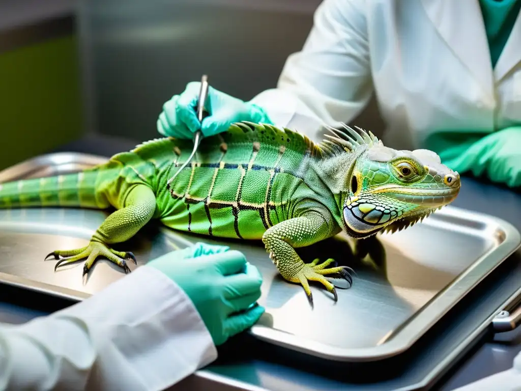 Un veterinario inspecciona con cuidado las suturas en el vientre de una iguana verde bajo anestesia, con instrumental médico estéril en segundo plano