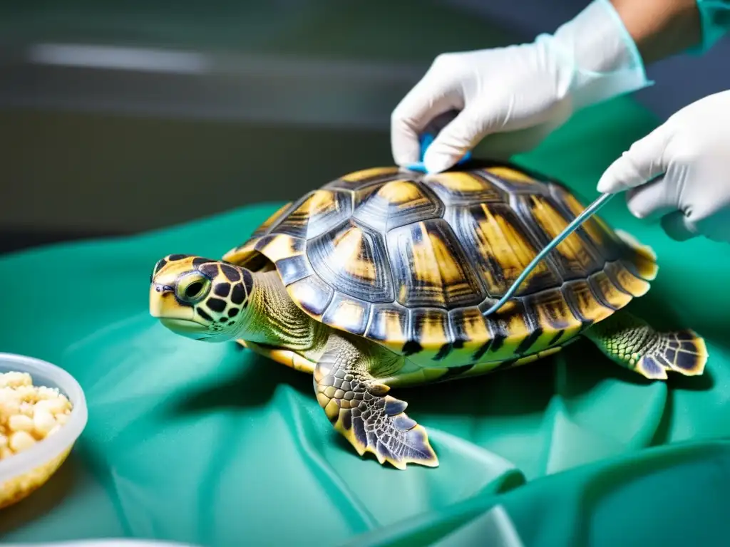 Veterinario cuidadoso realiza cirugía reparación caparazón tortugas, con suturas y delicadeza, en imagen detallada y emotiva