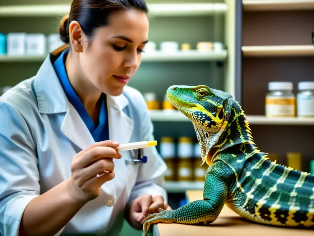 Veterinario cuidadoso trata la gastroenteritis en reptiles con meticulosidad y profesionalismo, mostrando compasión y destreza