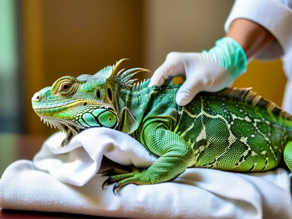 Un veterinario cuidadoso administra medicamentos a un reptil enfermo, creando una atmósfera de cuidado y calidez