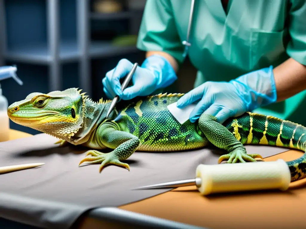 'Veterinario cuidadoso vendando la pata de un reptil herido en una unidad de cuidado para reptiles enfermos