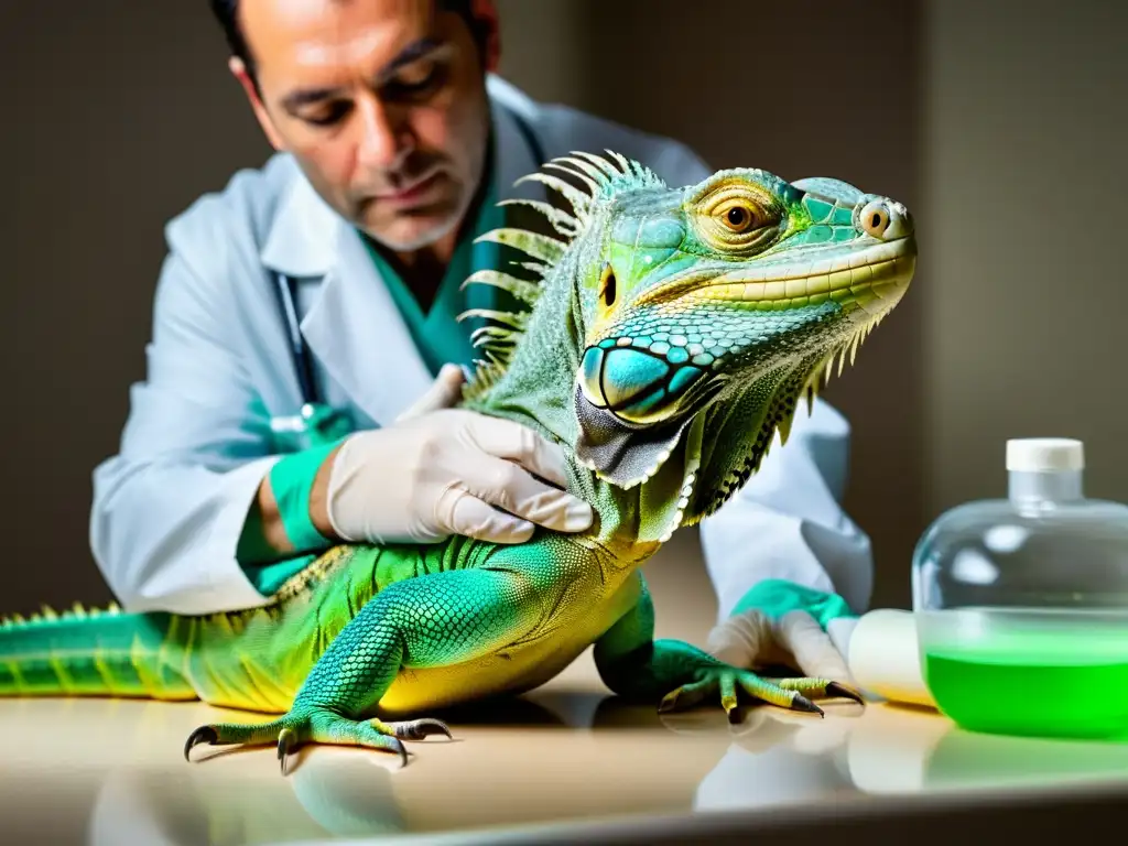 Un veterinario cuidadoso atiende con precisión a un majestuoso iguana verde en recuperación postoperatoria