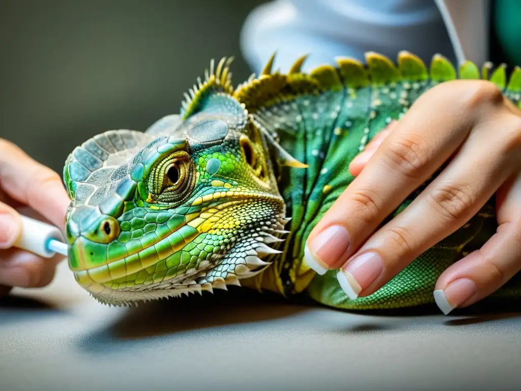 Veterinario cuidadoso brinda primeros auxilios a iguana herida, mostrando urgencia y destreza