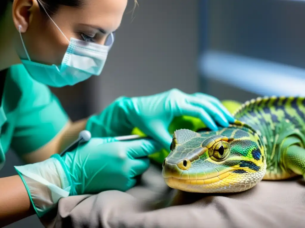 Veterinario cuidadoso realiza procedimiento quirúrgico para prolapsos en reptiles, proporcionando atención postoperatoria detallada