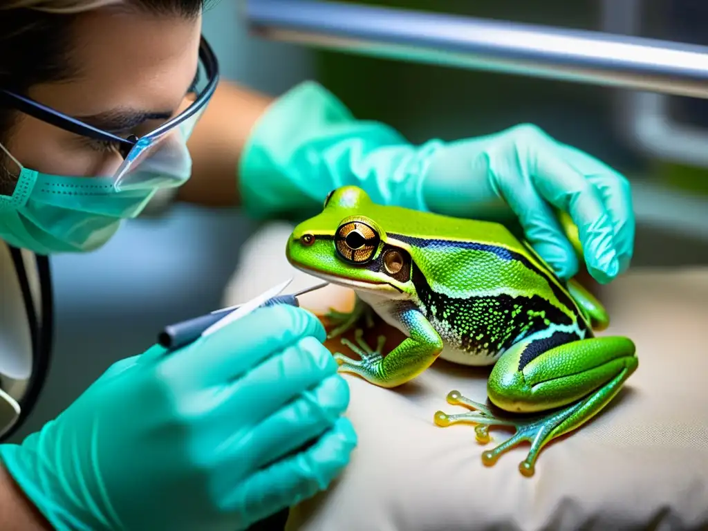 Un veterinario cuidadoso monitorea la recuperación de un anfibio tras cirugía en una clínica especializada