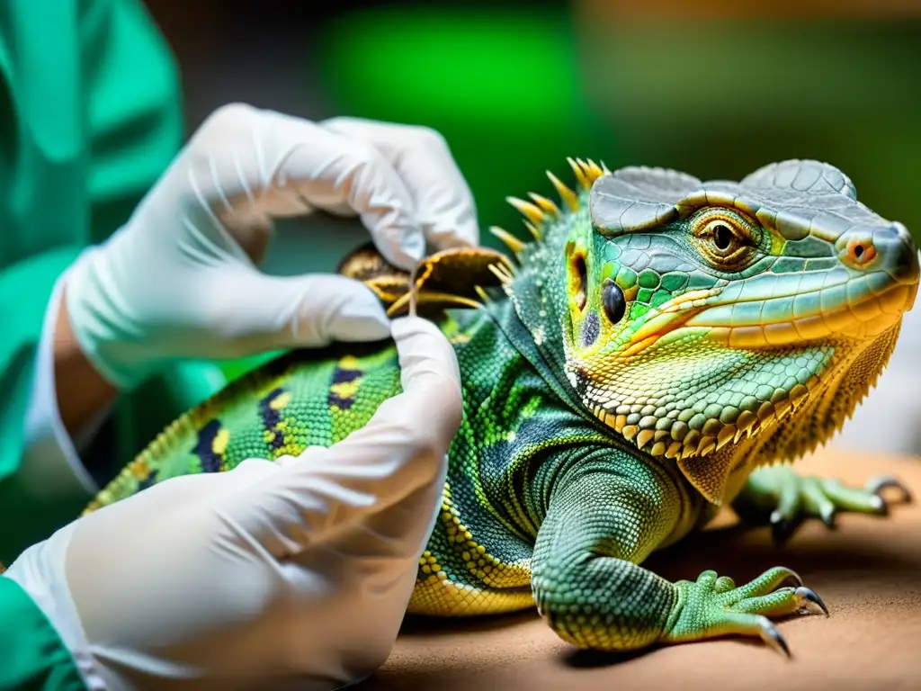 Un veterinario cuidadoso administra medicación a un reptil enfermo, resaltando las escamas y textura