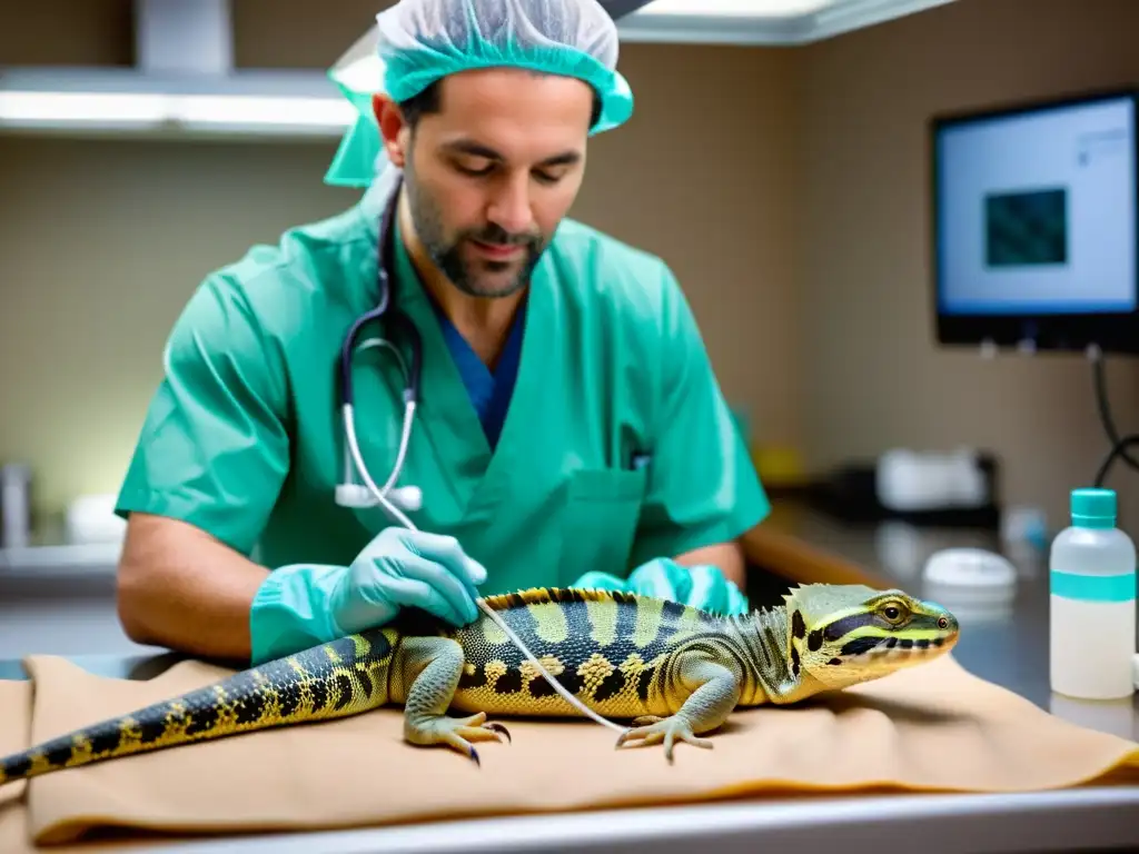 Veterinario cuidadoso atiende a reptil postoperatorio bajo lámpara de calor