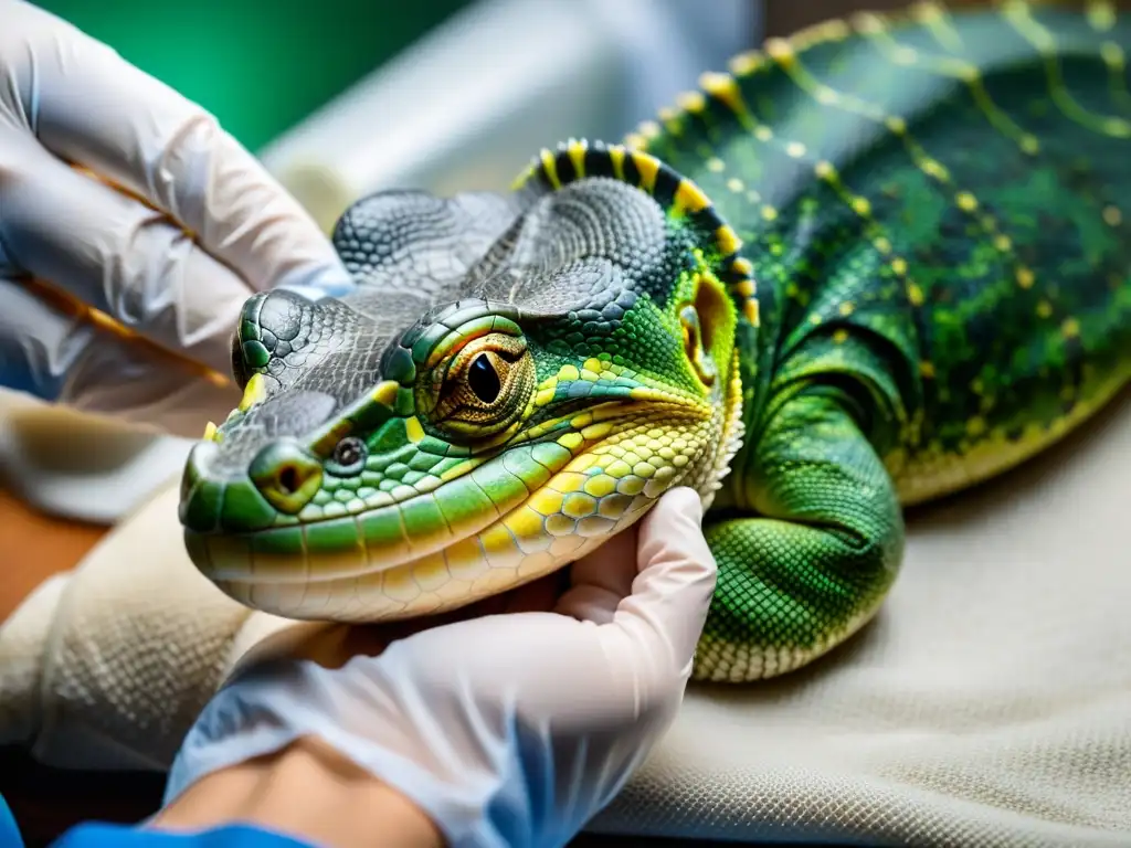 Veterinario cuidadoso atiende a reptil postoperatorio, destacando la meticulosidad en el cuidado