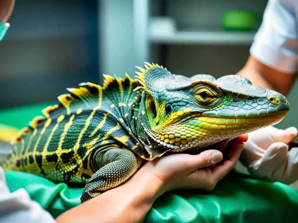 Veterinario cuidadoso trata la deshidratación en reptiles, mostrando meticulosidad y precisión en el tratamiento