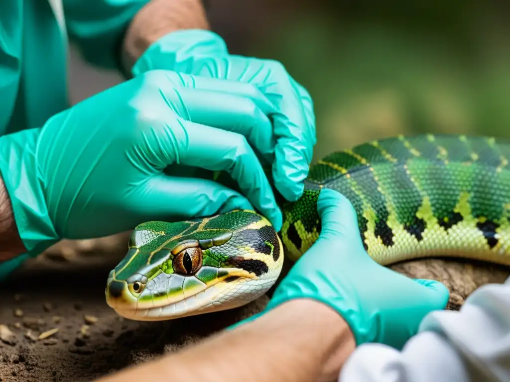 Veterinario cuidadoso realiza tratamiento heridas reptiles efectivo con precisión y expertise, mostrando detalle y dedicación