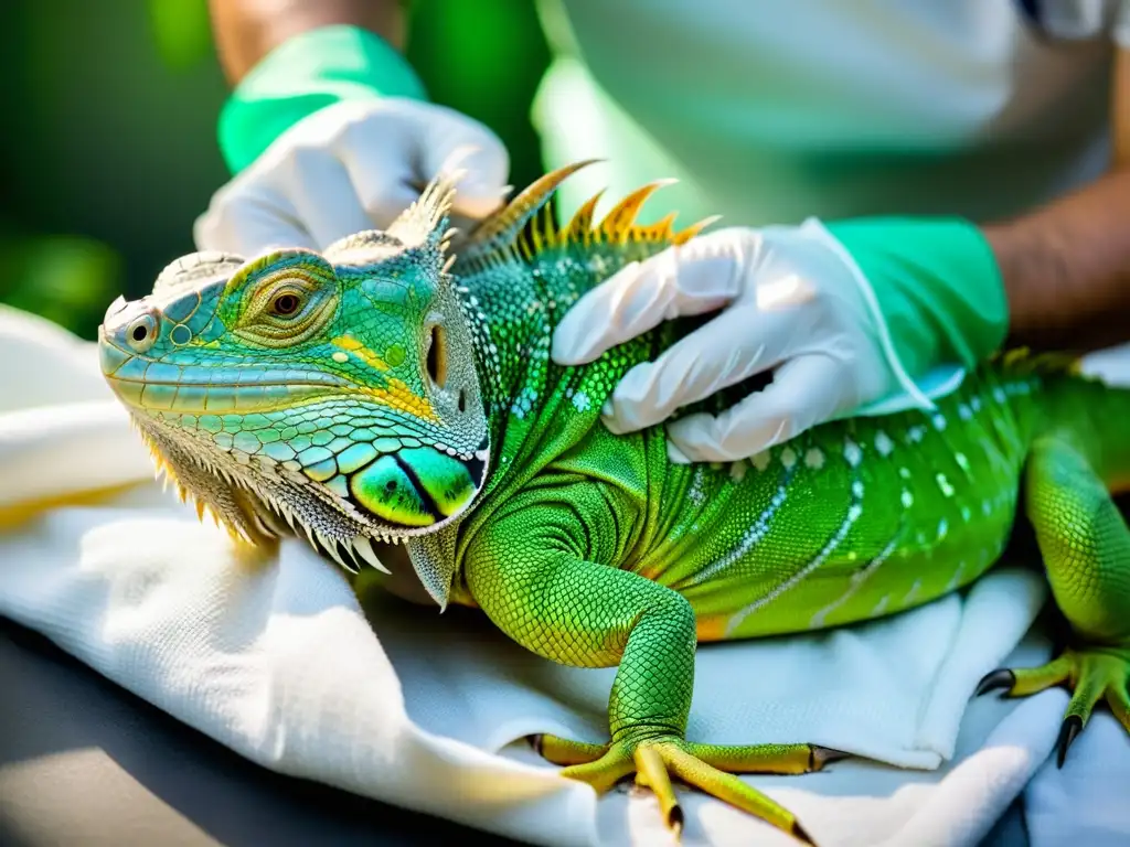 Un veterinario cuidadoso realiza un vendaje postoperatorio a una iguana verde, demostrando expertise y compasión en los cuidados postoperatorios reptiles recuperación exitosa