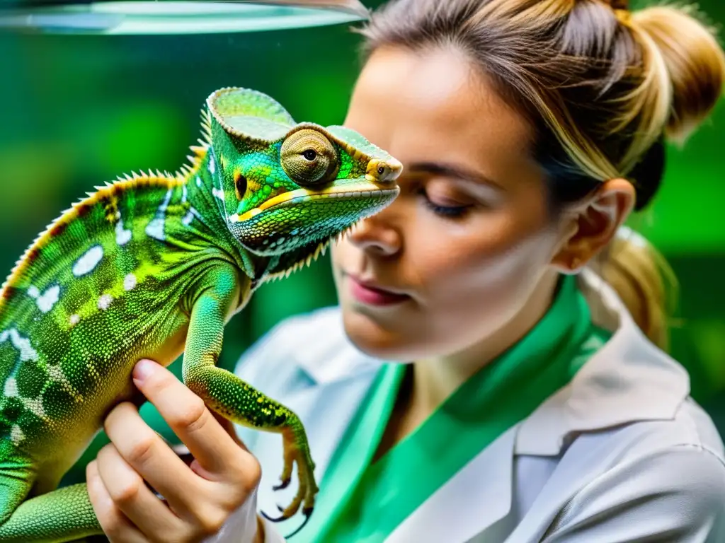 Un veterinario cuidadoso atiende a un camaleón verde en recuperación postoperatoria