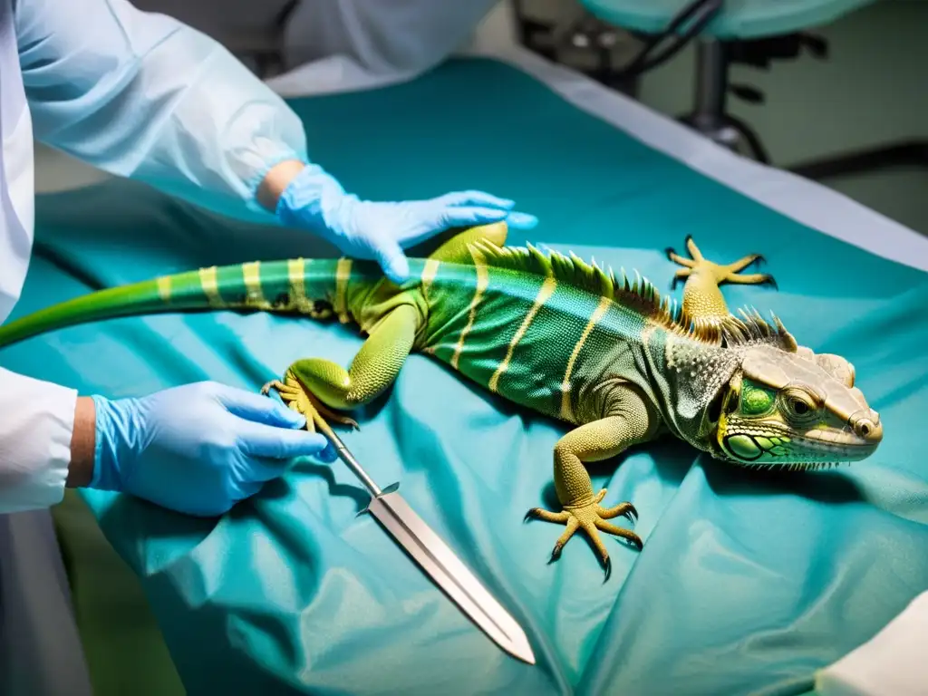 Un veterinario realiza una delicada cirugía de columna vertebral en un iguana bajo anestesia, con equipo quirúrgico detallado