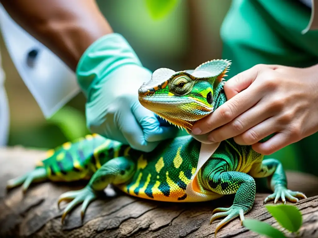 Un veterinario cuida con delicadeza la pata herida de un reptil colorido en su hábitat