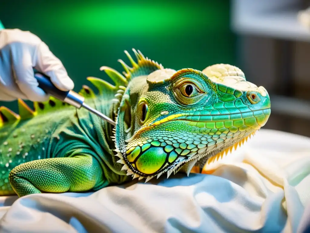 Un veterinario oftalmólogo realiza con destreza una cirugía de cataratas en un majestuoso iguana verde, con luces quirúrgicas iluminando los detalles