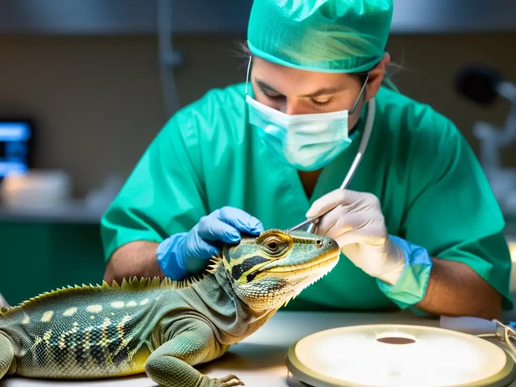 Veterinario realiza con destreza cirugía reconstructiva de mandíbula en reptil bajo intensa iluminación en quirófano