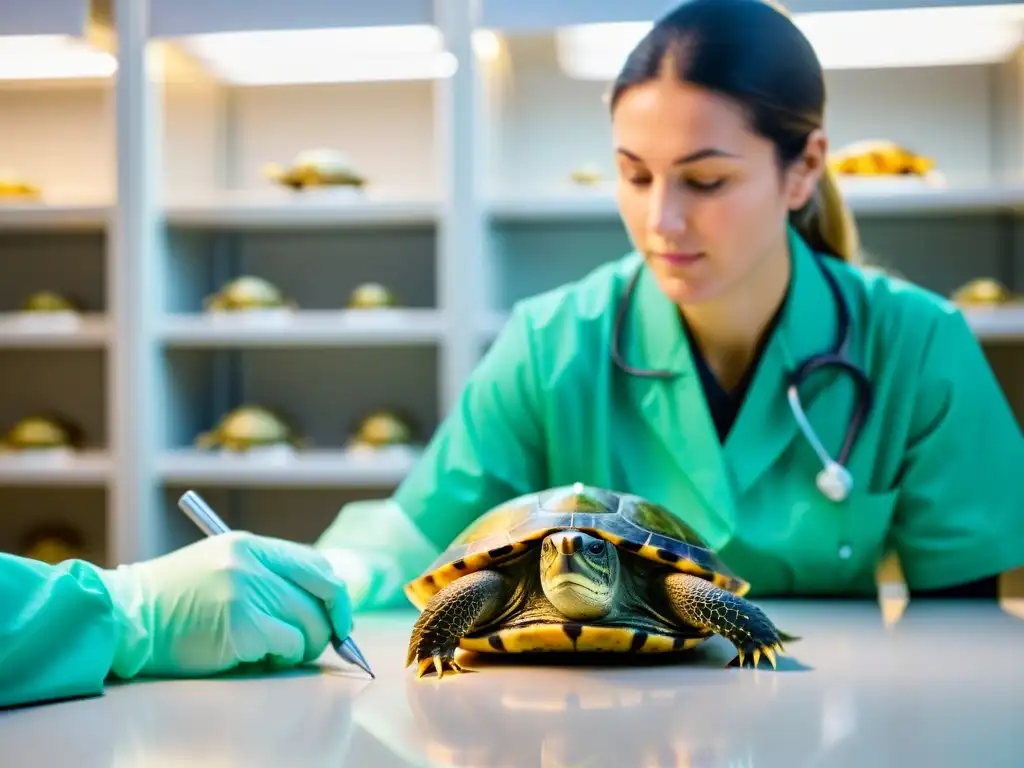 Veterinario examinando con detalle caparazón y piel de una tortuga doméstica bajo luz de examen