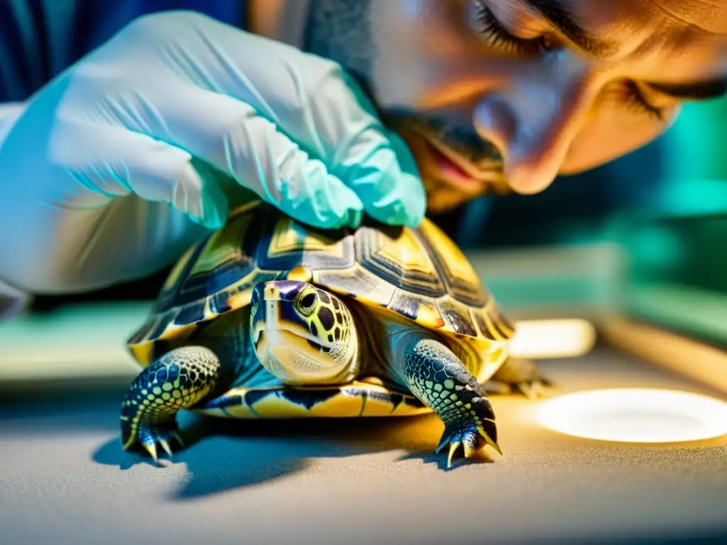 Veterinario examinando con detalle la concha de una tortuga para abordar problemas de calcificación en quelonios