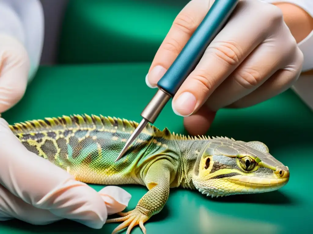 Veterinario examinando con detalle la incisión de un reptil postoperatorio, resaltando la delicadeza del cuidado