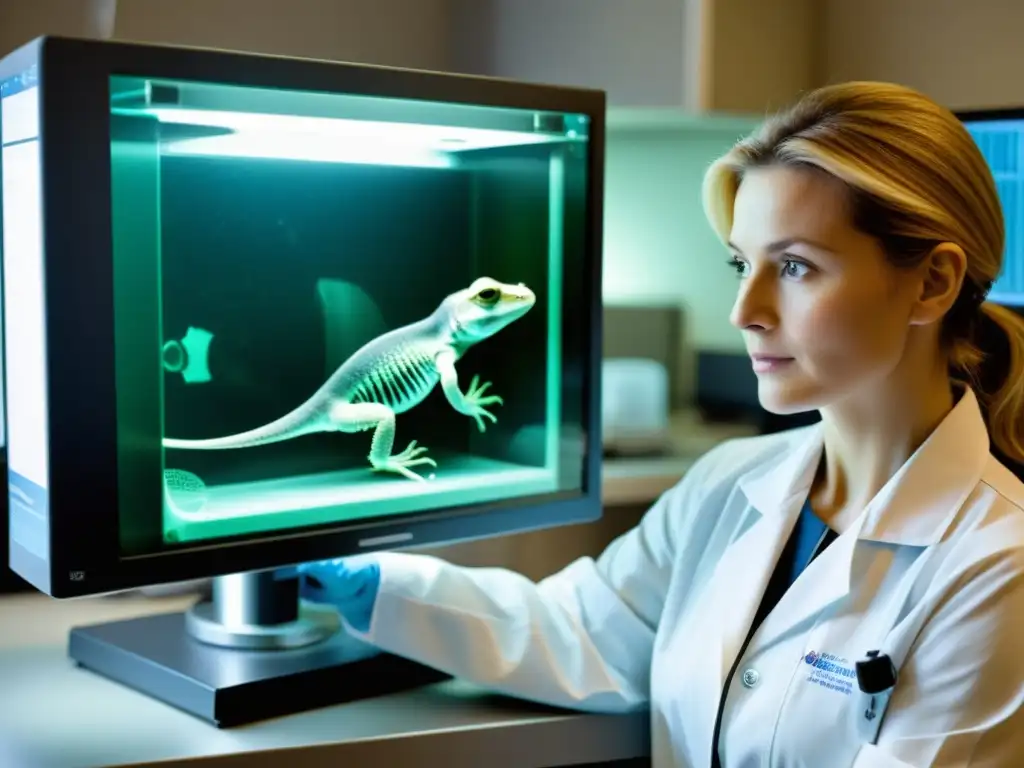 Un veterinario realiza radiografía digital a un reptil, mostrando la precisión y cuidado en la radiología digital en herpetología