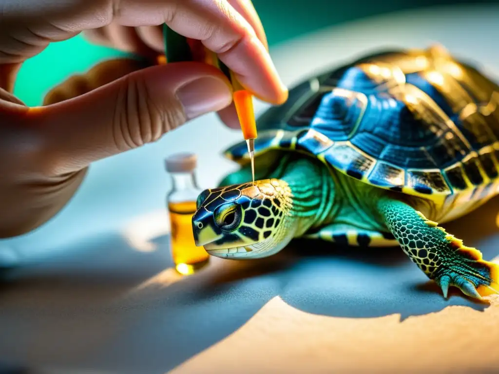 Un veterinario administra una dosis de vitamina A a una tortuga, destacando el cuidado profesional en el tratamiento de hipovitaminosis A en tortugas