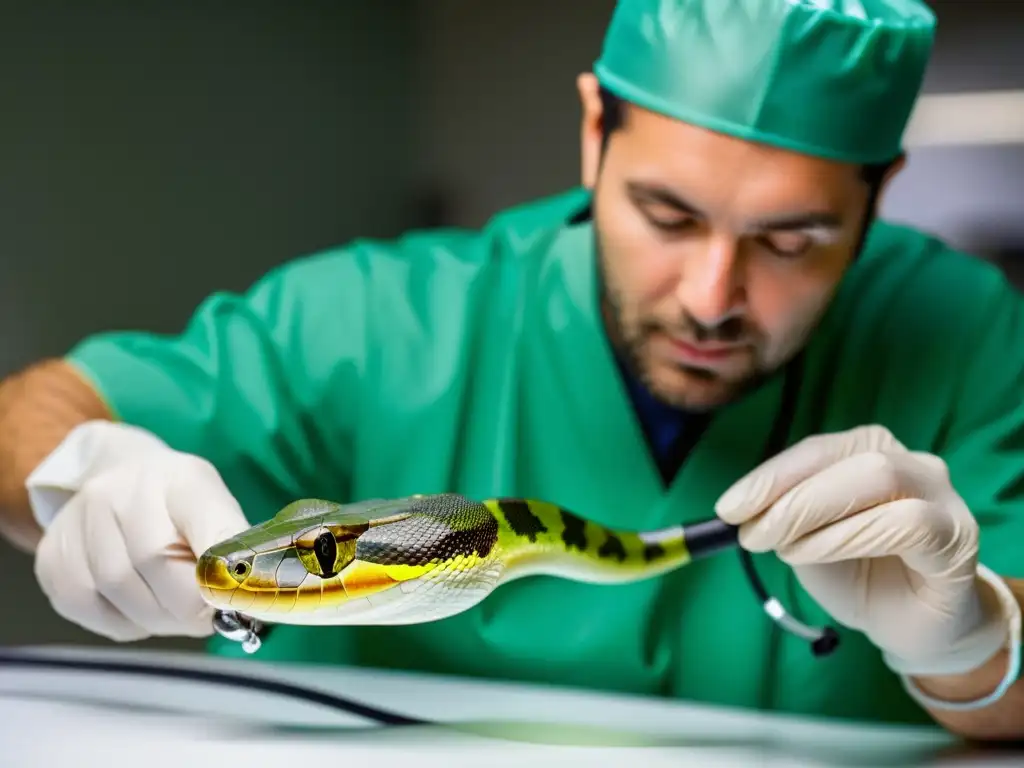 Un veterinario realiza una endoscopia para diagnosticar trastornos internos en un reptil, destacando la delicadeza y precisión del procedimiento