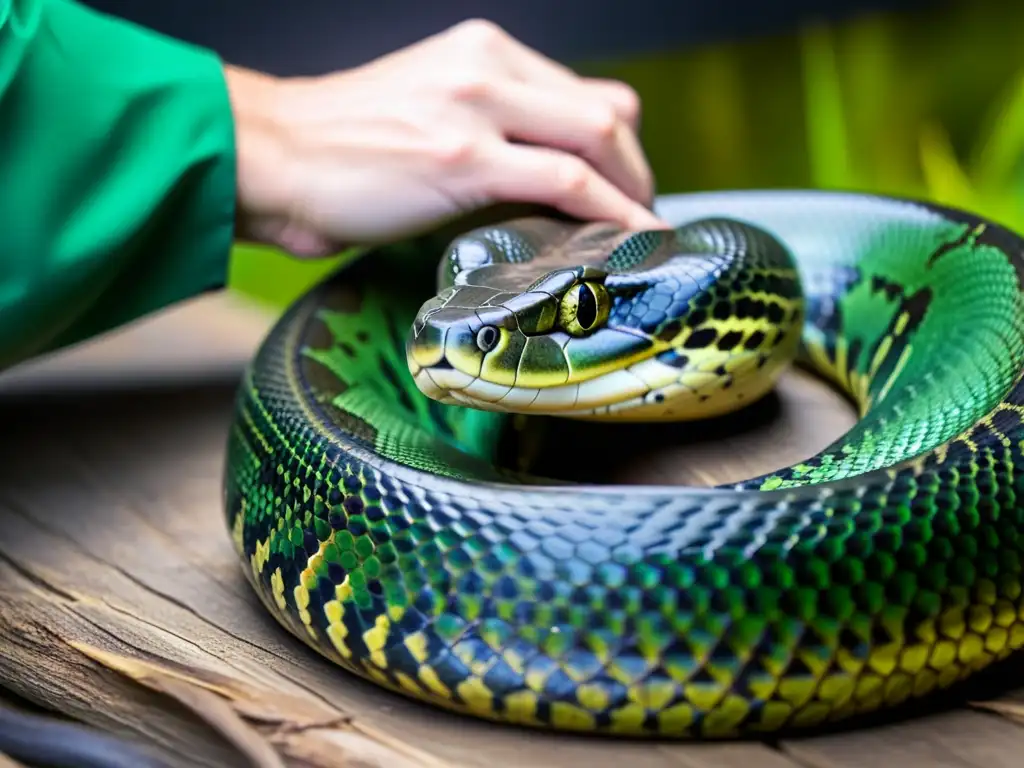 Un veterinario examina detalladamente las escamas de una anaconda verde, mostrando avances en medicina de reptiles