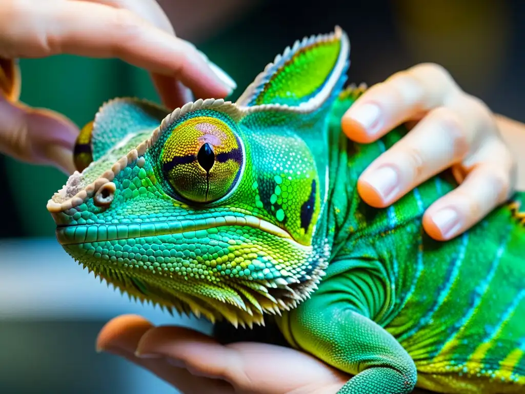 Un veterinario examina cuidadosamente las escamas de un camaleón, destacando los avances en cuidado de reptiles