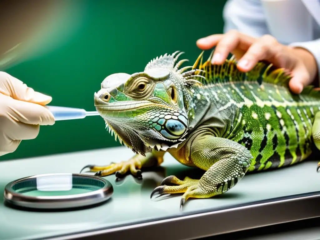 Un veterinario examina detalladamente las escamas de una majestuosa iguana verde con una lupa, mostrando los avances en cuidado de reptiles