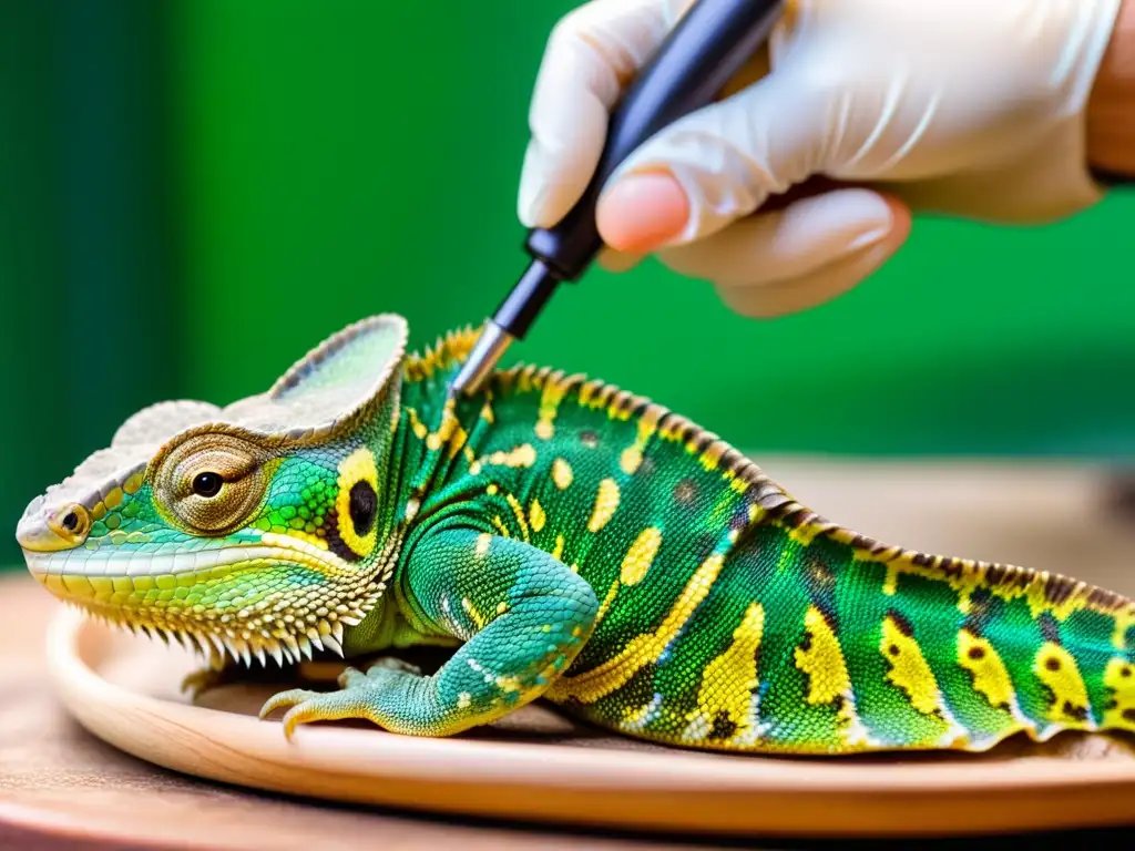 Un veterinario examina detalladamente las escamas y piel de un camaleón, resaltando la importancia de los cuidados veterinarios preventivos reptiles