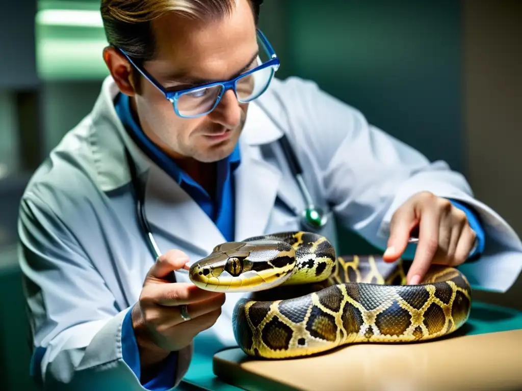 Un veterinario examina detenidamente las escamas y piel de una majestuosa pitón, resaltando las texturas y patrones de las escamas