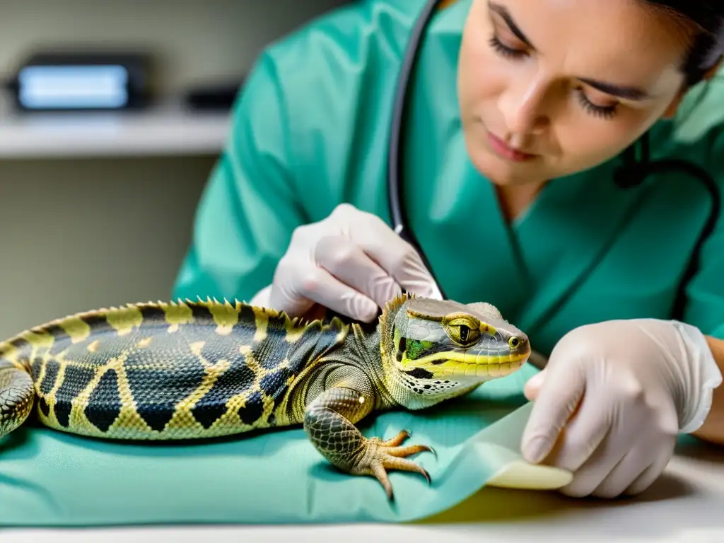 Un veterinario examina minuciosamente las escamas y la piel de un reptil enfermo, mostrando cuidados básicos reptiles enfermos