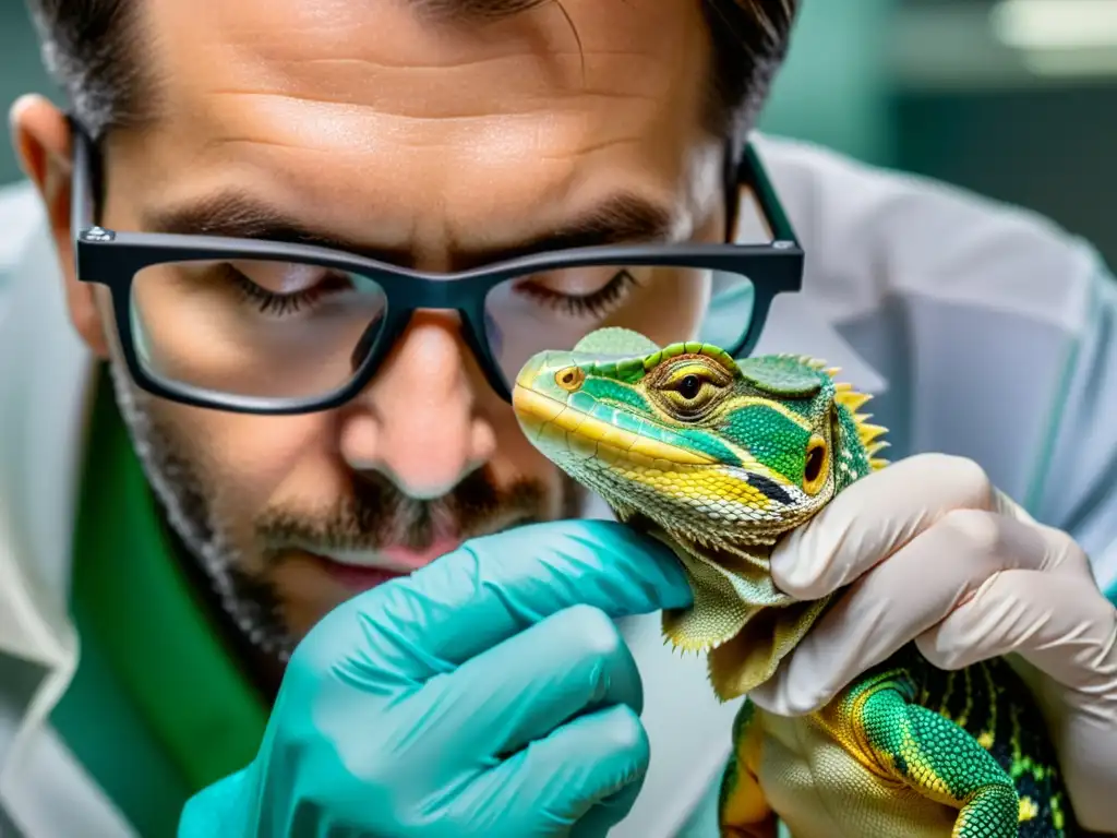 Un veterinario examina detenidamente las escamas de un reptil en busca de signos de enfermedad crónica, demostrando cuidado y concentración