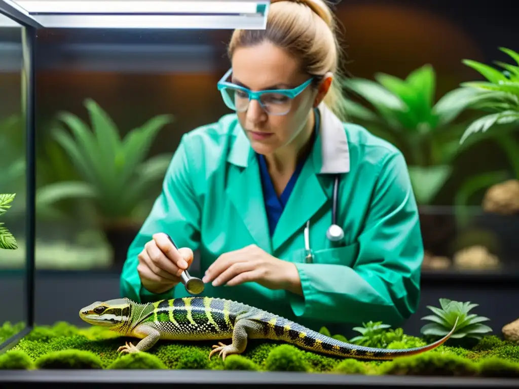 Un veterinario examina detalladamente las escamas de un reptil en un terrario, mostrando prevención enfermedades infecciosas terrarios múltiples