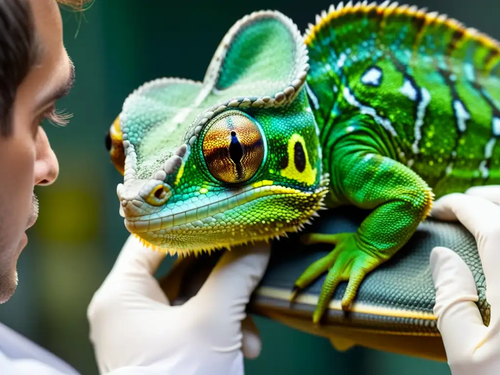 Un veterinario examina detalladamente las escamas de un camaleón verde con una cámara de alta definición