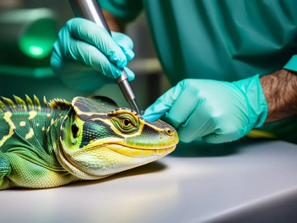 Veterinario especialista realizando una amputación cuidadosa en un reptil bajo anestesia, demostrando precisión y atención en el quirófano